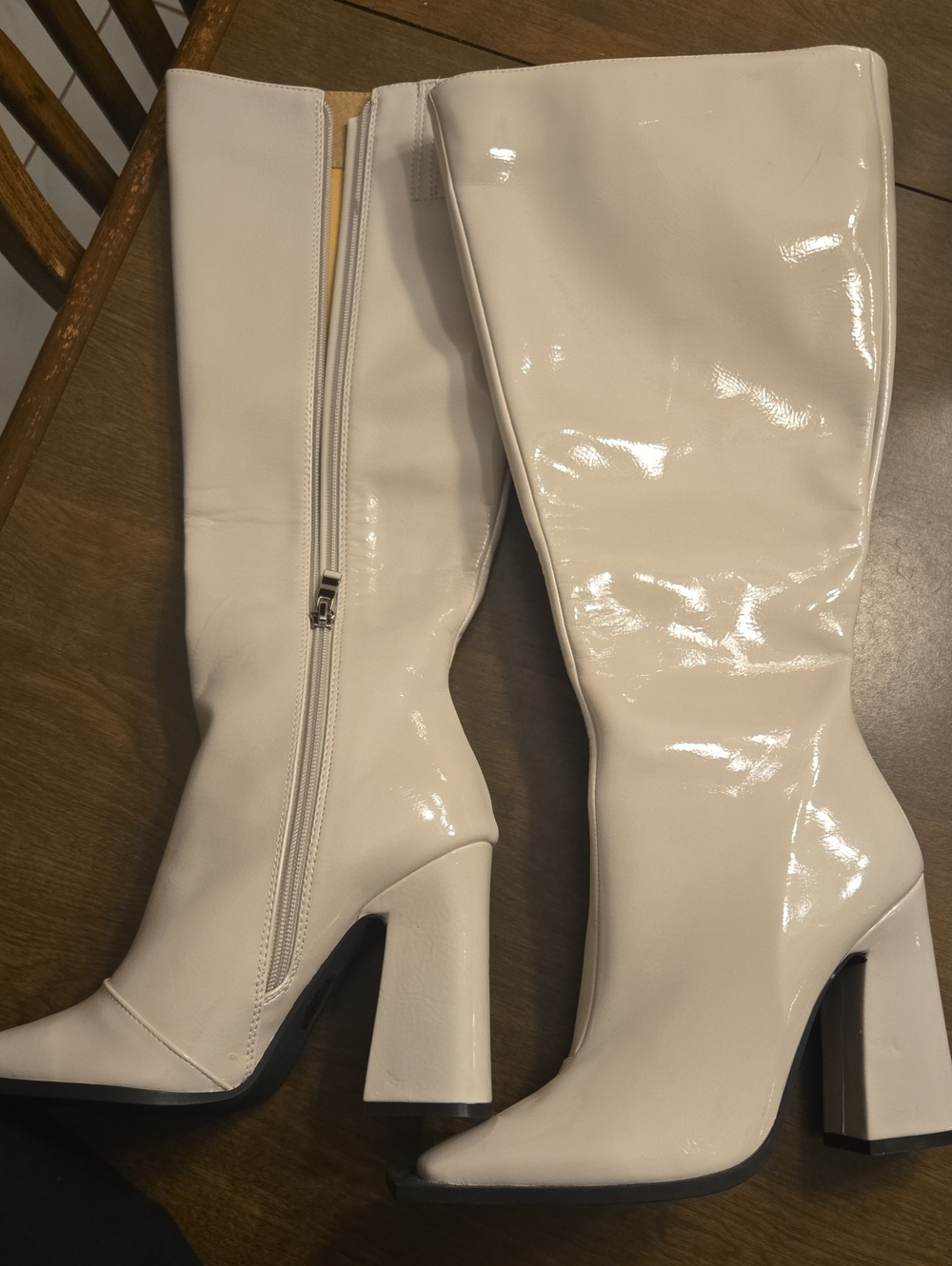 Princess Polly Women's White Patent Knee-High Block Heel Boots